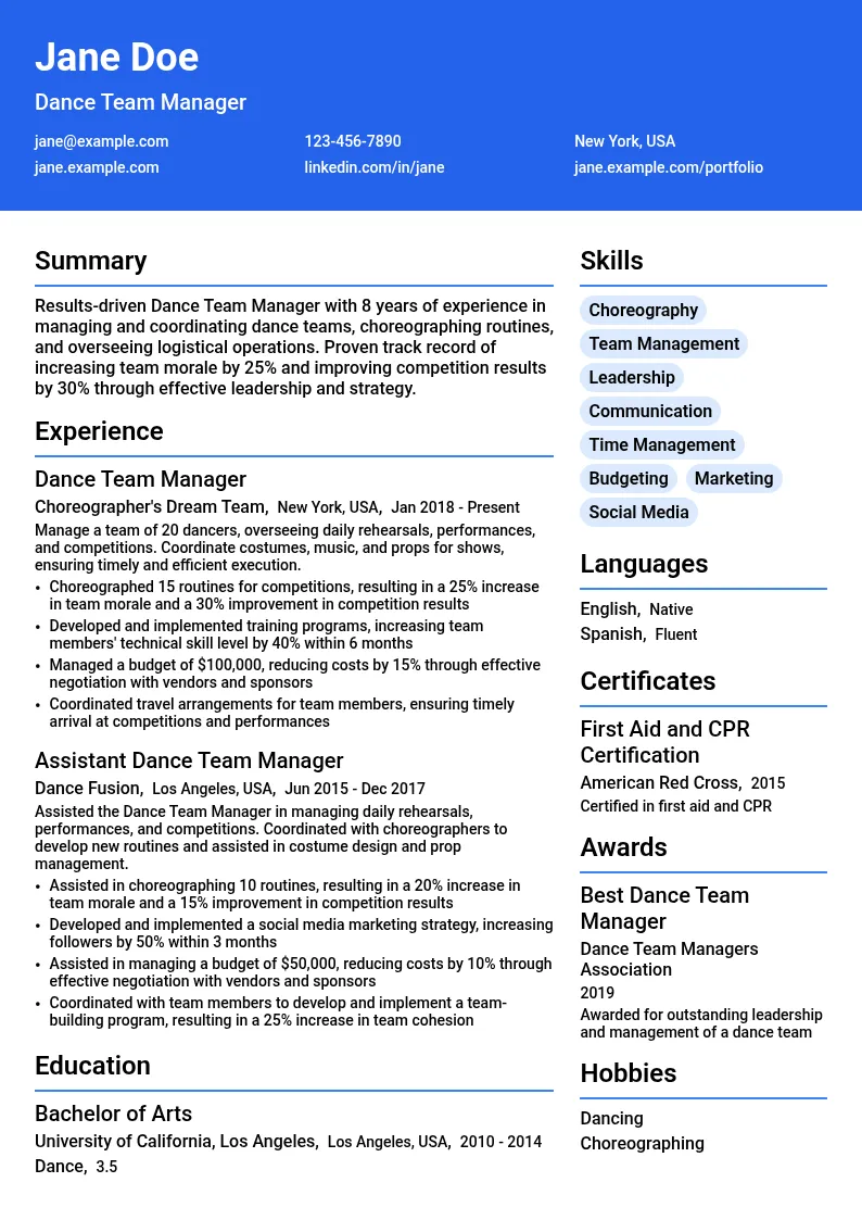 Dance Team Manager resume example