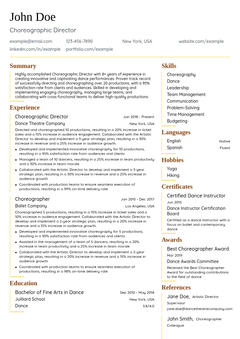 Choreographic Director resume example