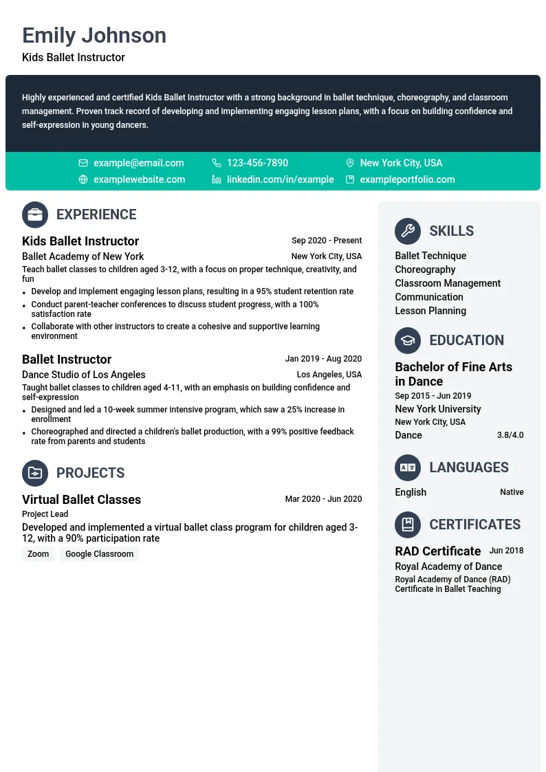 Kids Ballet Instructor resume example
