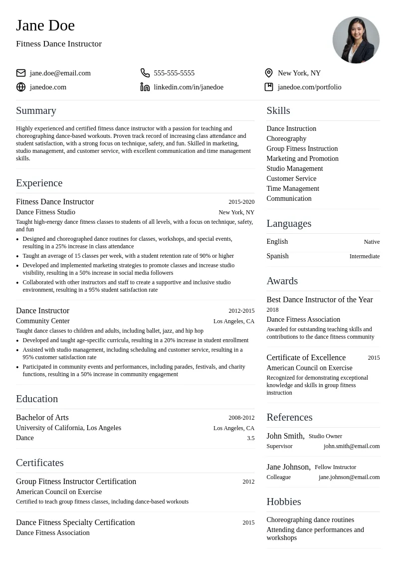 Fitness Dance Instructor resume example