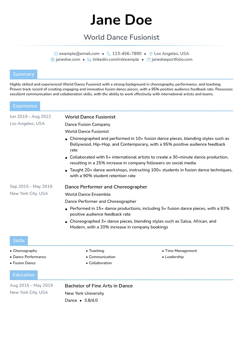World Dance Fusionist resume example