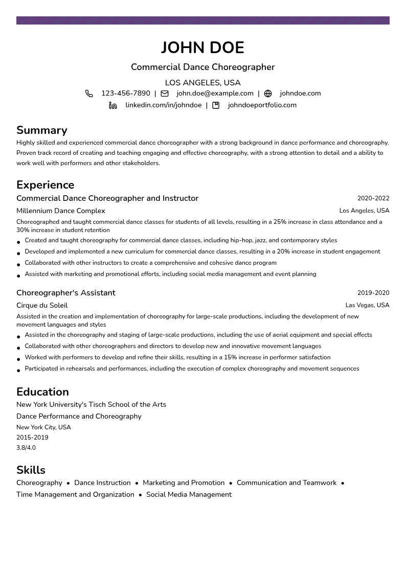 Commercial Dance Choreographer resume example
