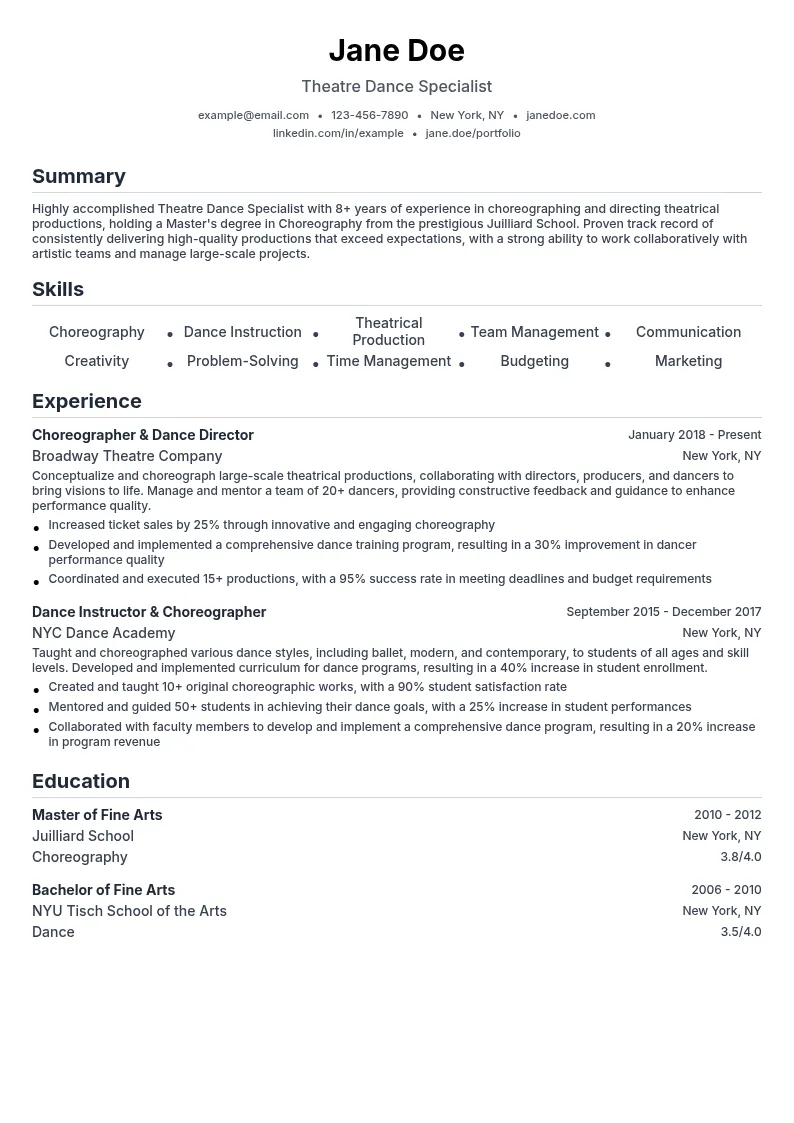 Theatre Dance Specialist resume example