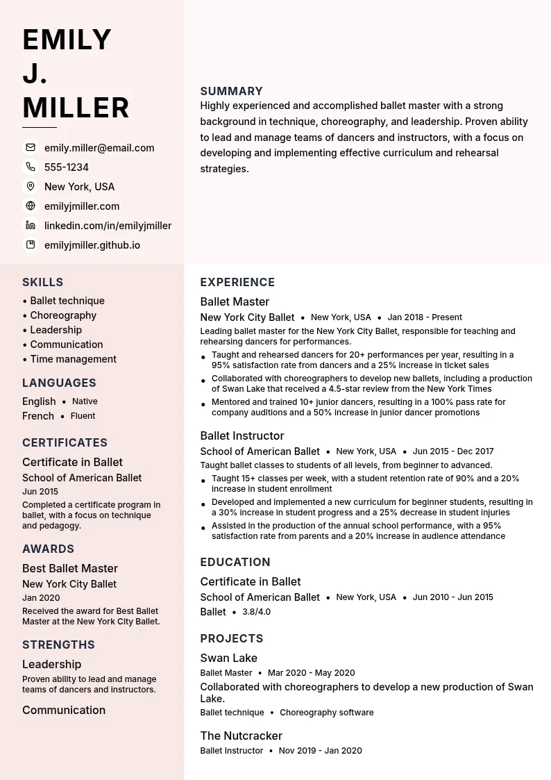 Ballet Dance Master resume example