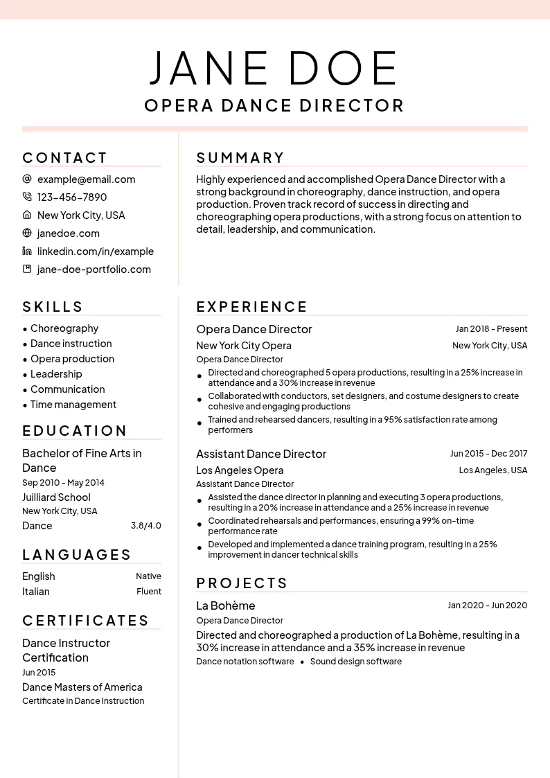 Opera Dance Director resume example