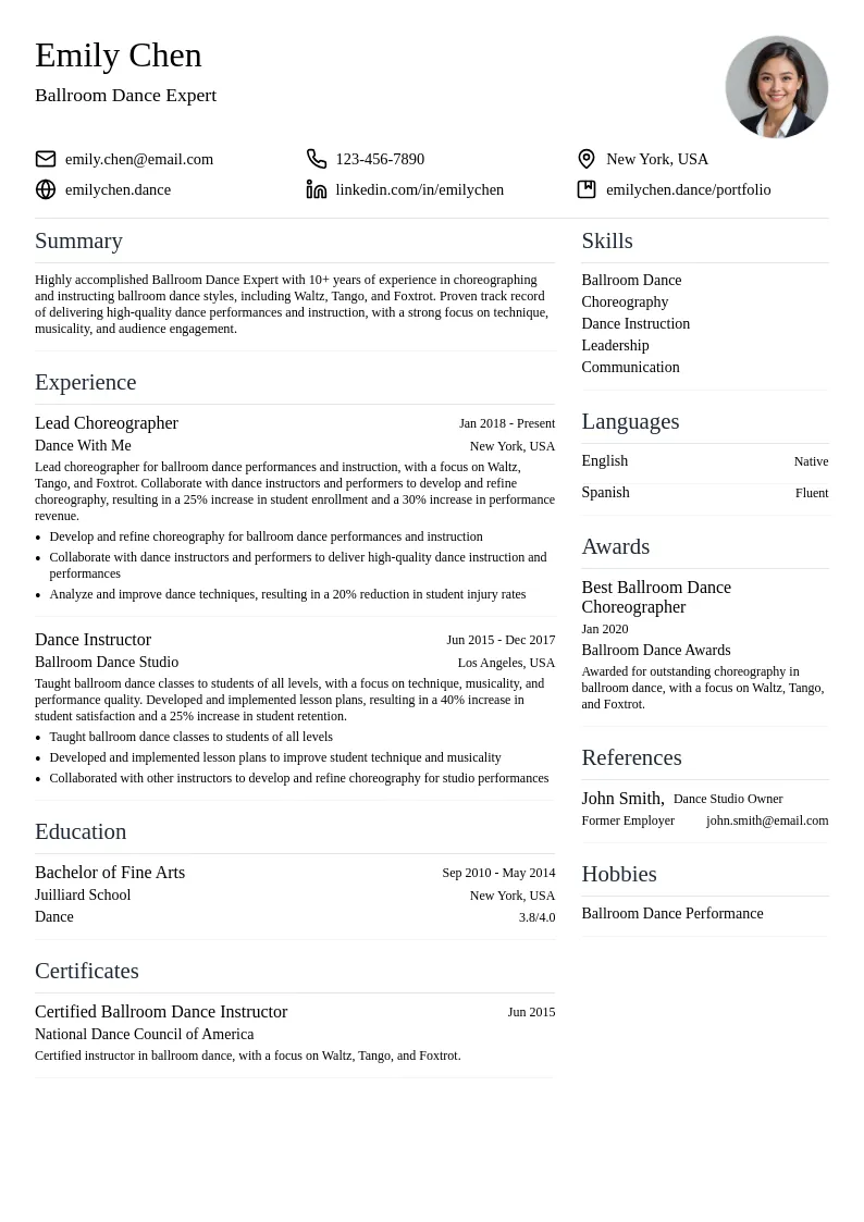 Ballroom Dance Expert resume example