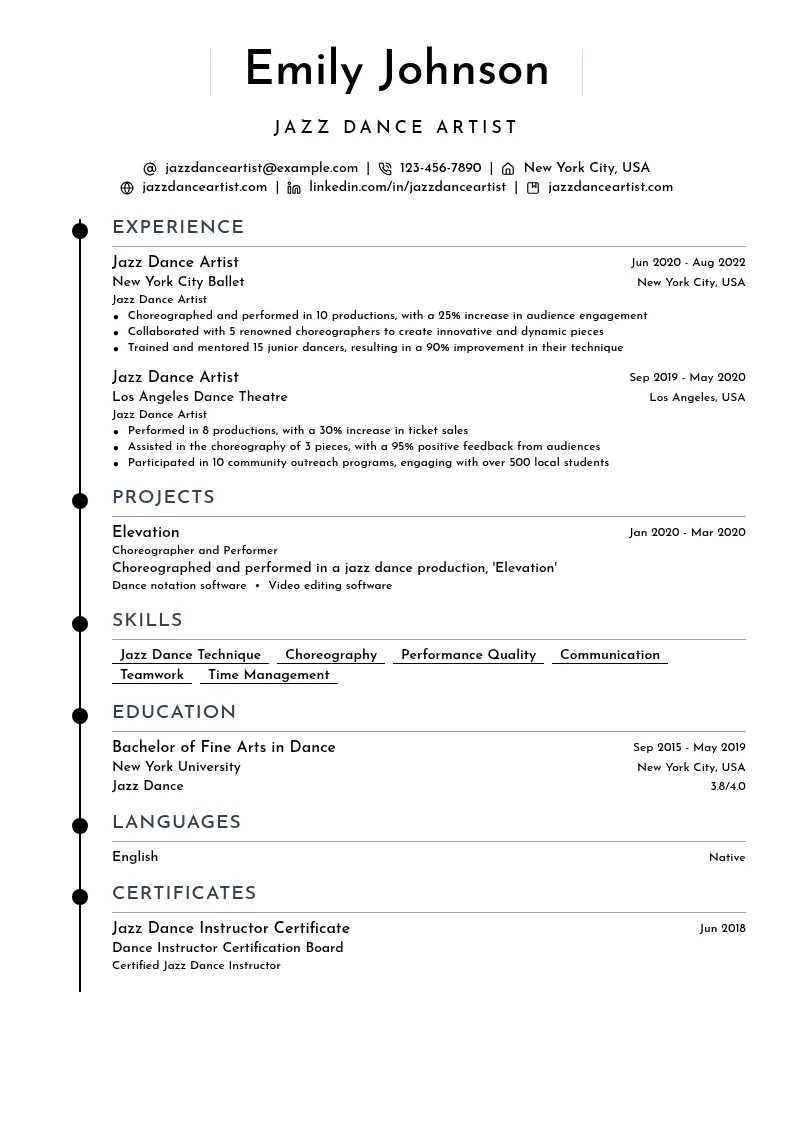 Jazz Dance Artist resume example