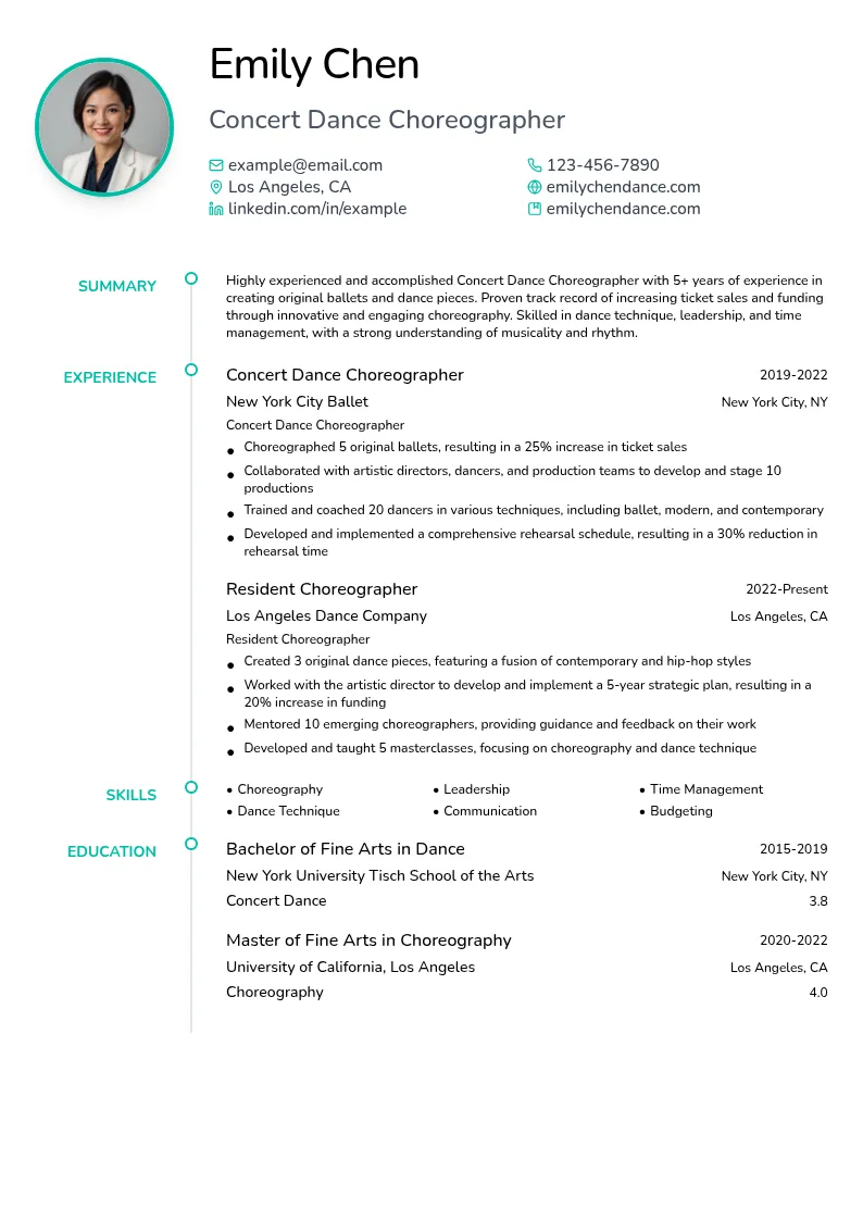 Concert Dance Choreographer resume example