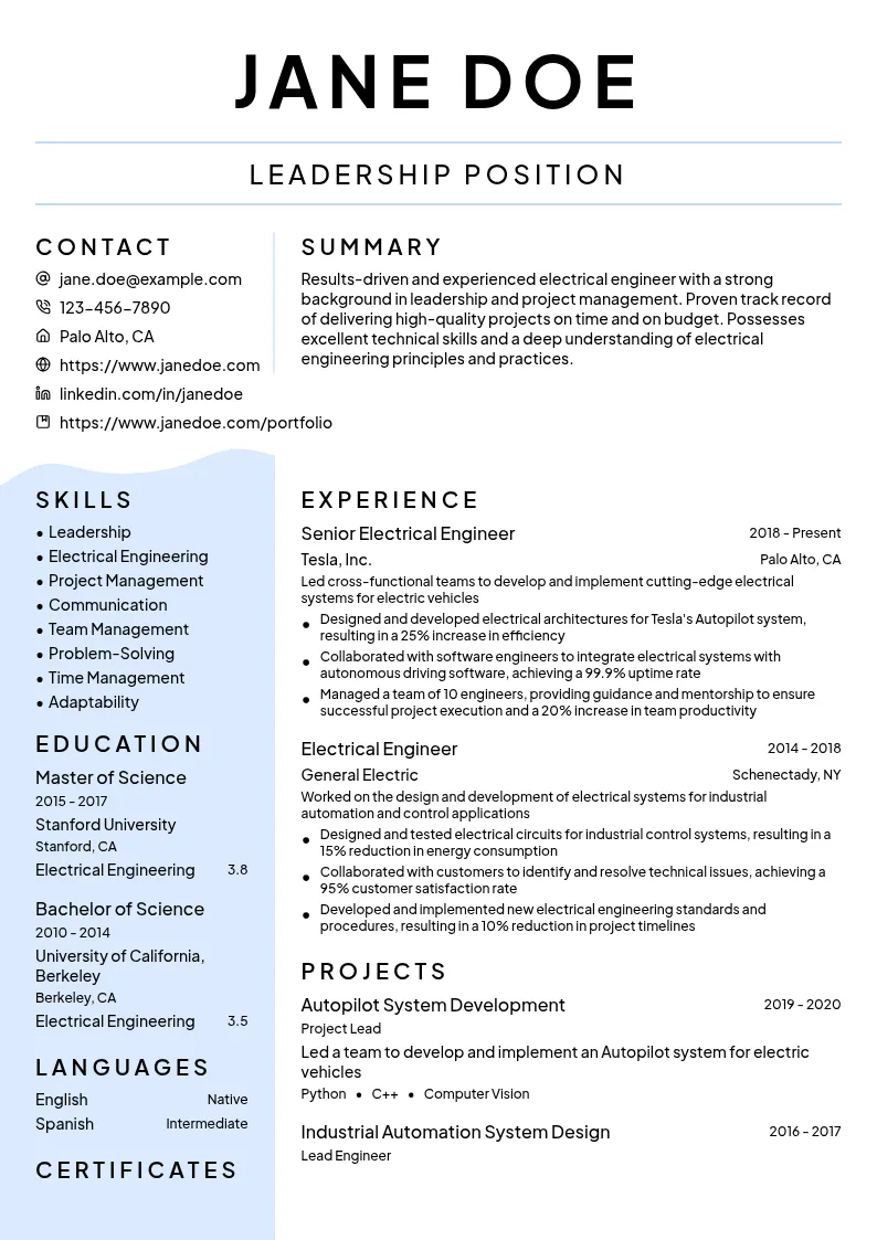 Leadership resume example