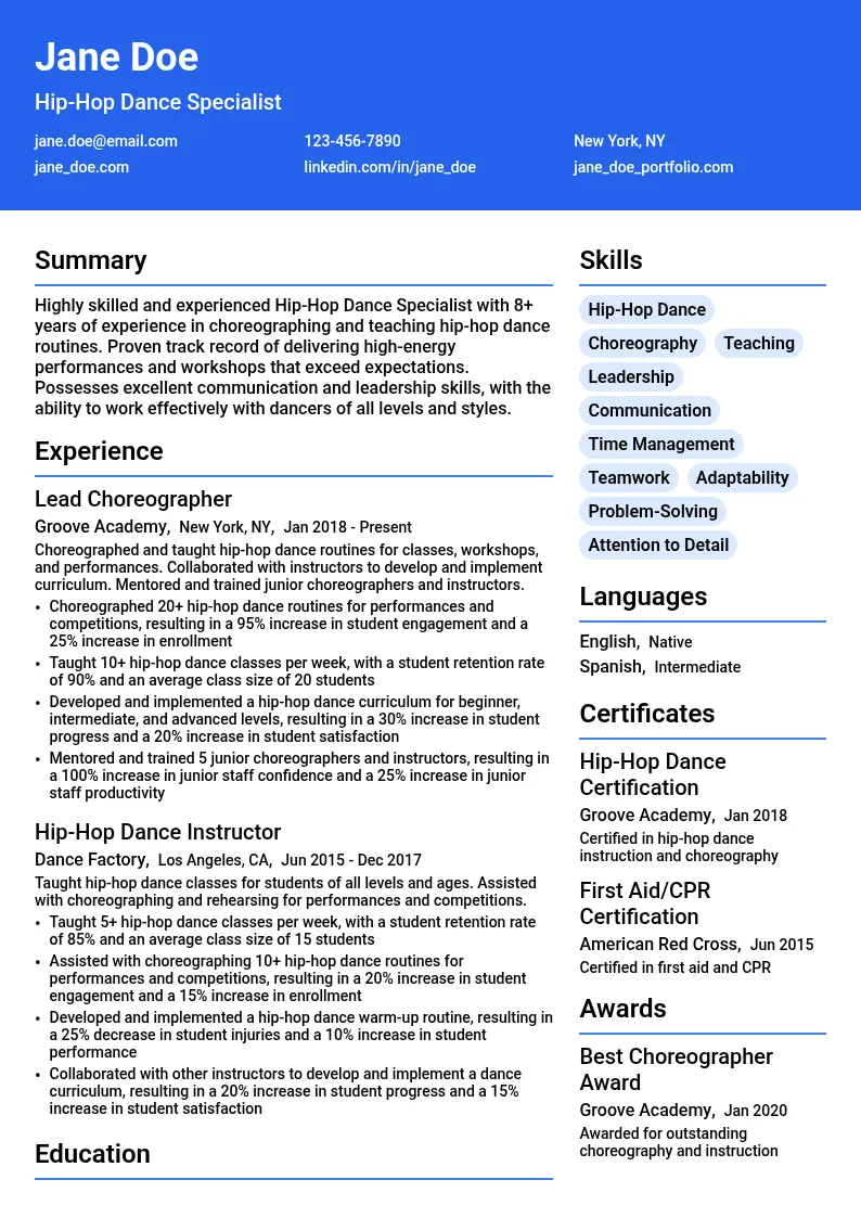 Hip-Hop Dance Specialist resume example