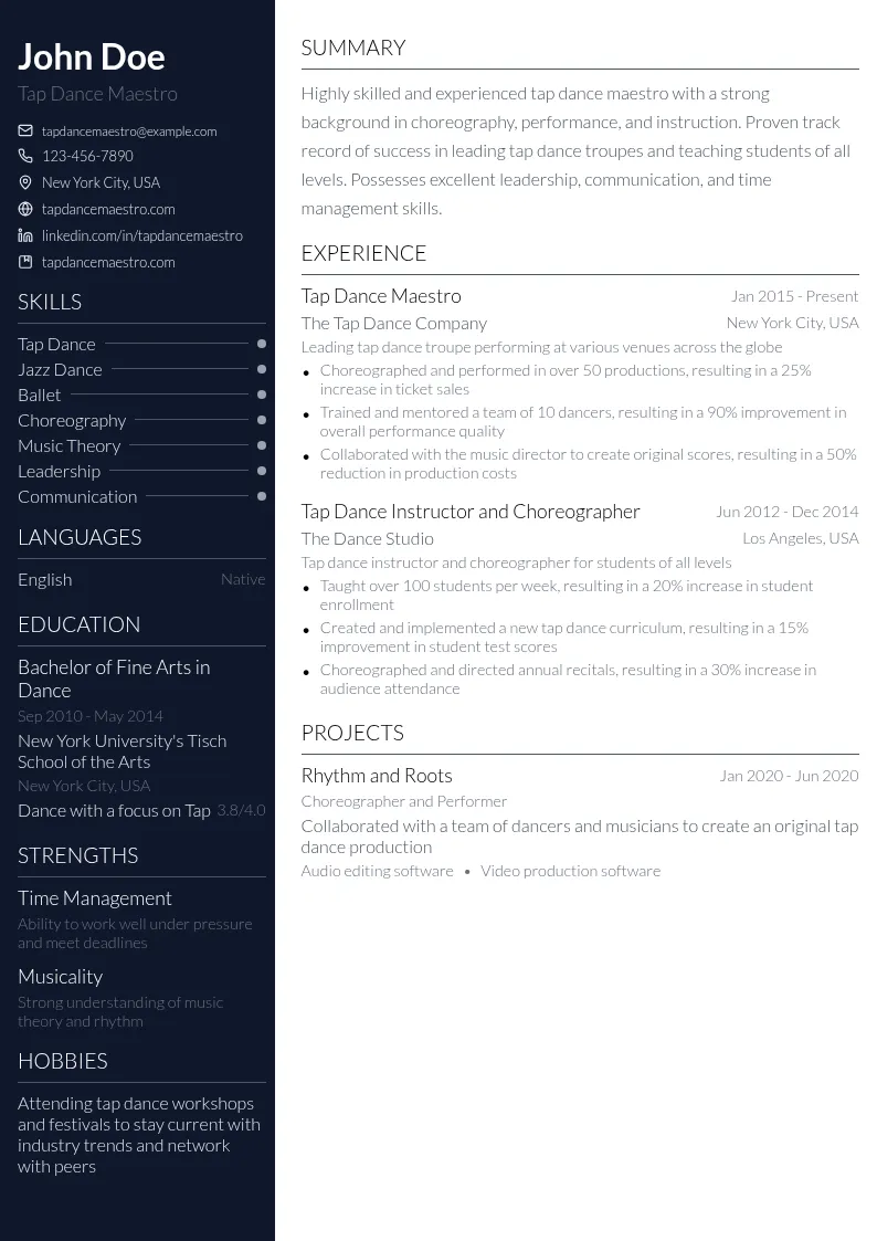 Tap Dance Maestro resume example