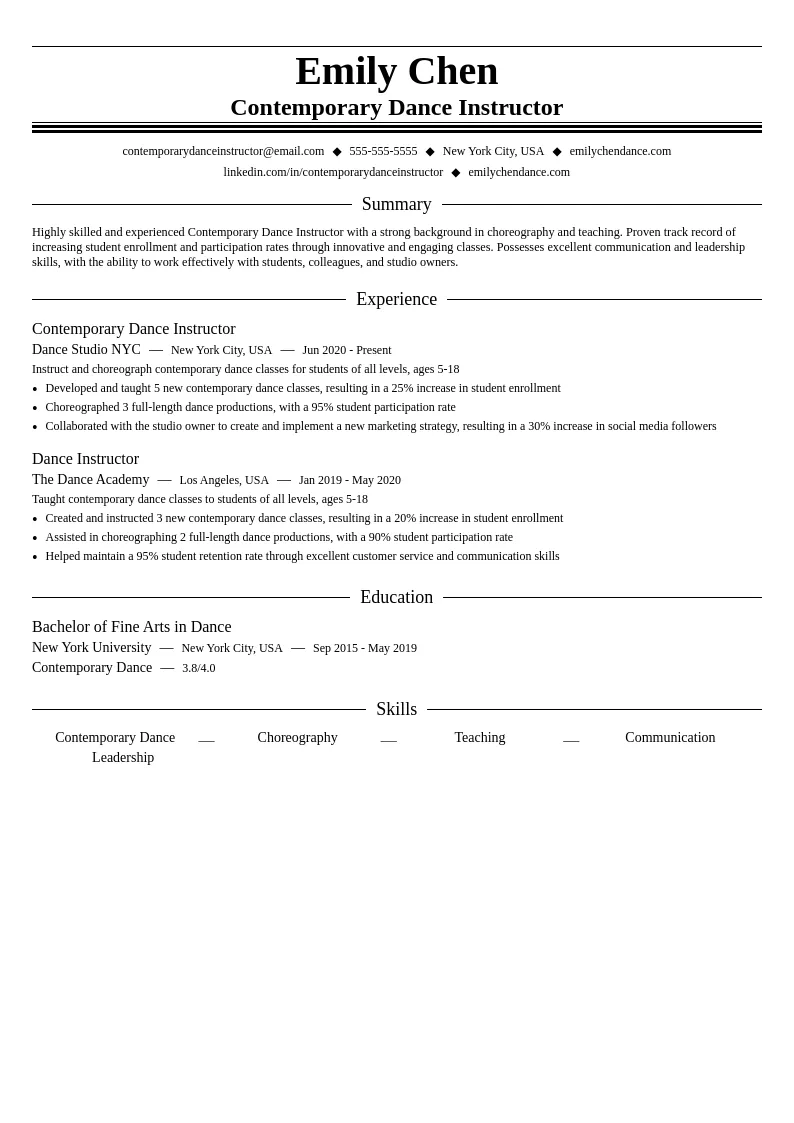 Contemporary Dance Instructor resume example