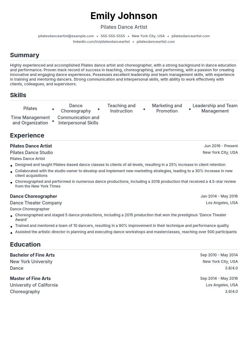 Pilates Dance Artist resume example