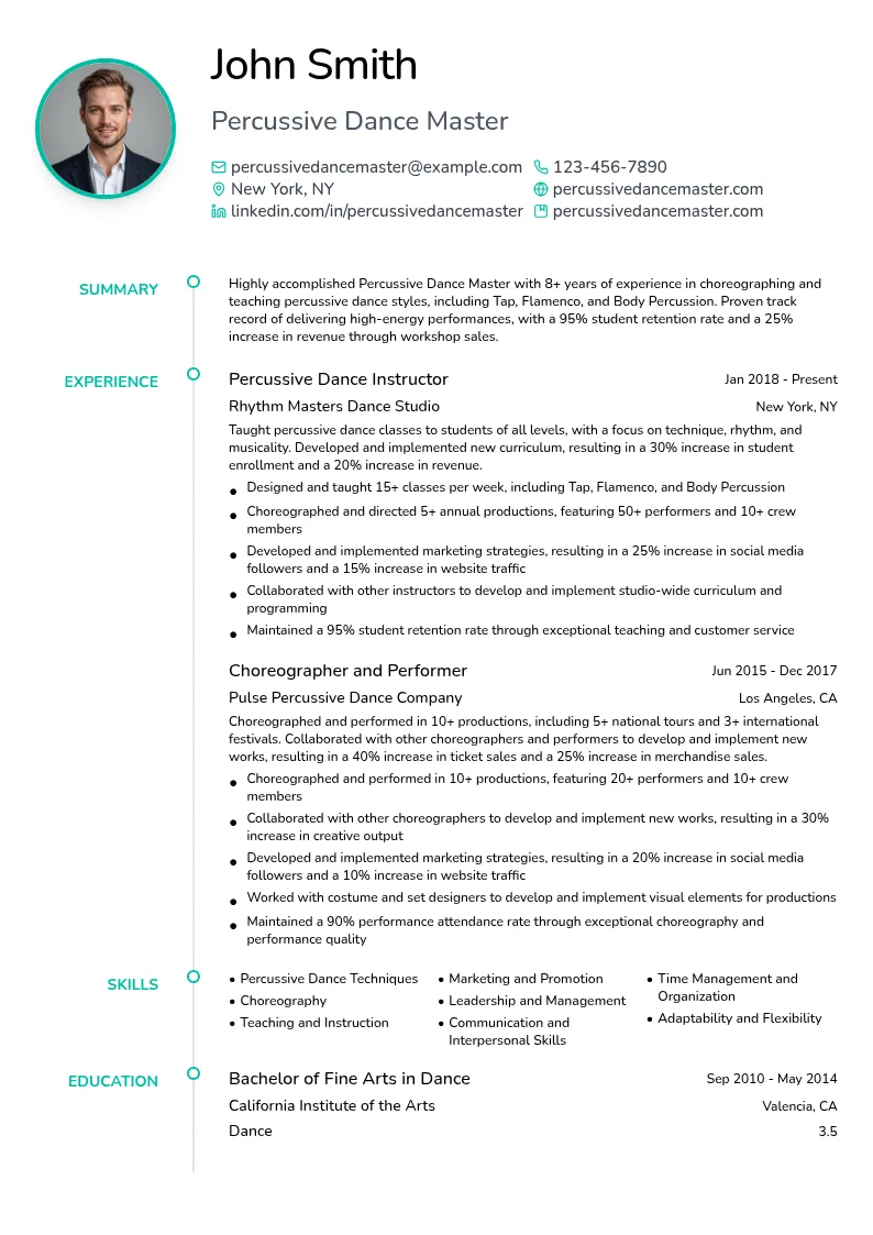 Percussive Dance Master resume example