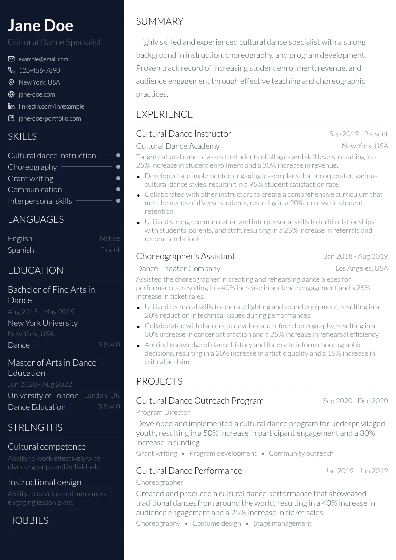 Cultural Dance Specialist resume example