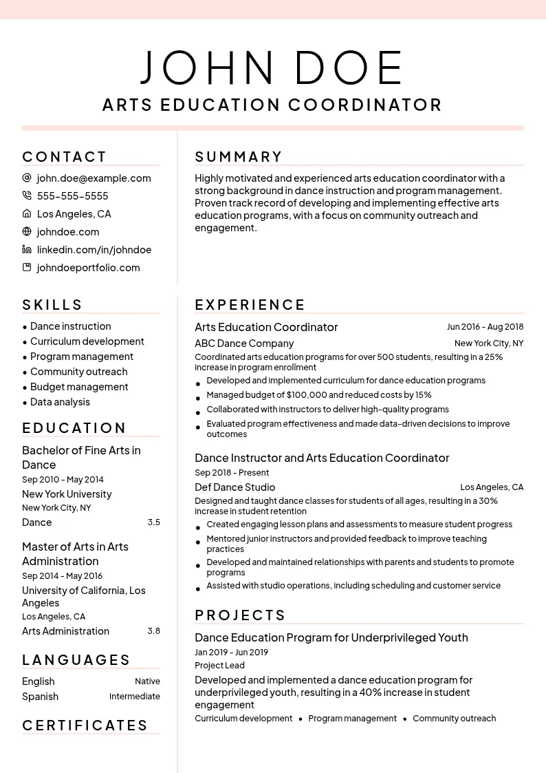 Arts Education Coordinator resume example