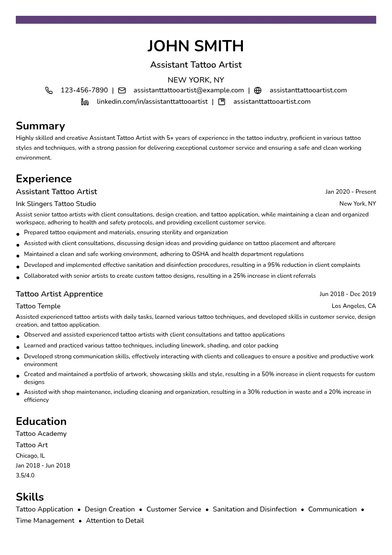 assistant Tattoo Artist resume example