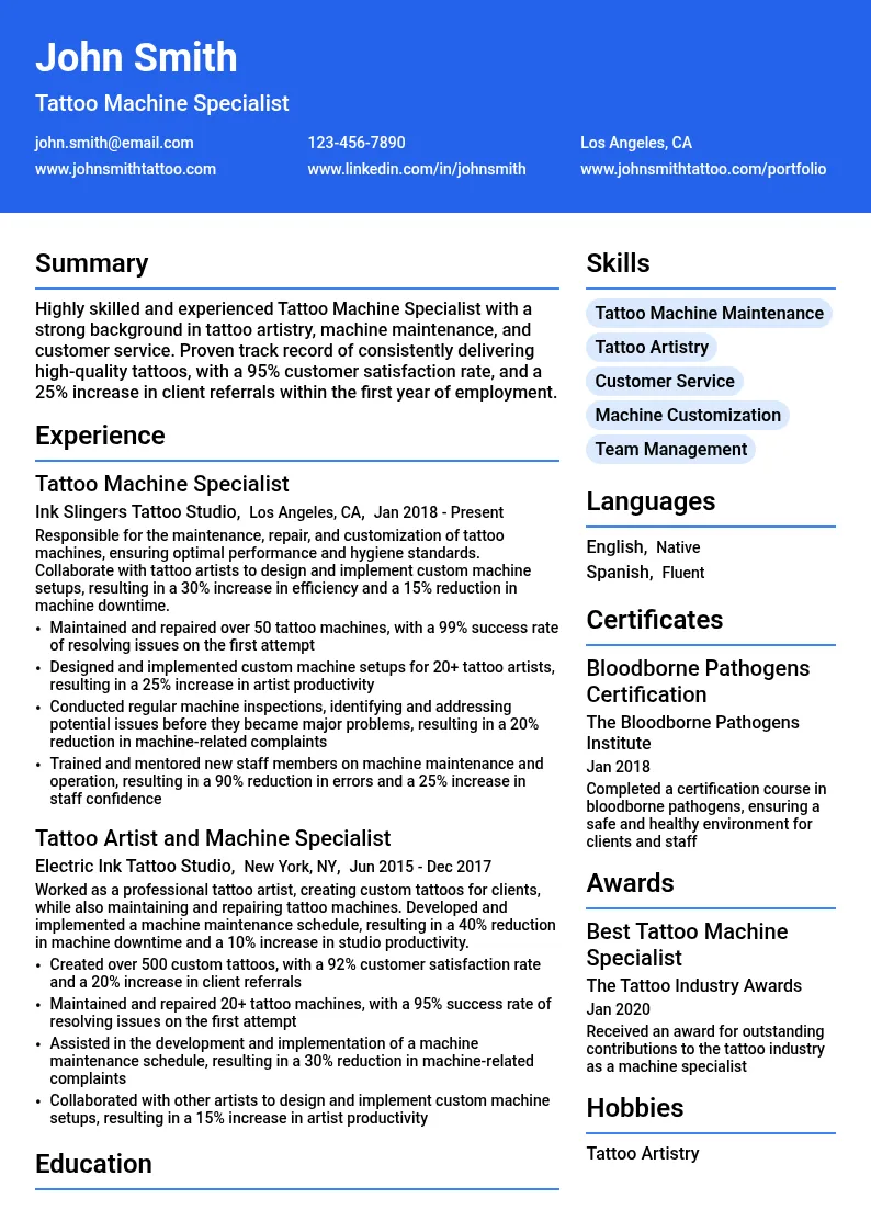 Tattoo Machine Specialist resume example