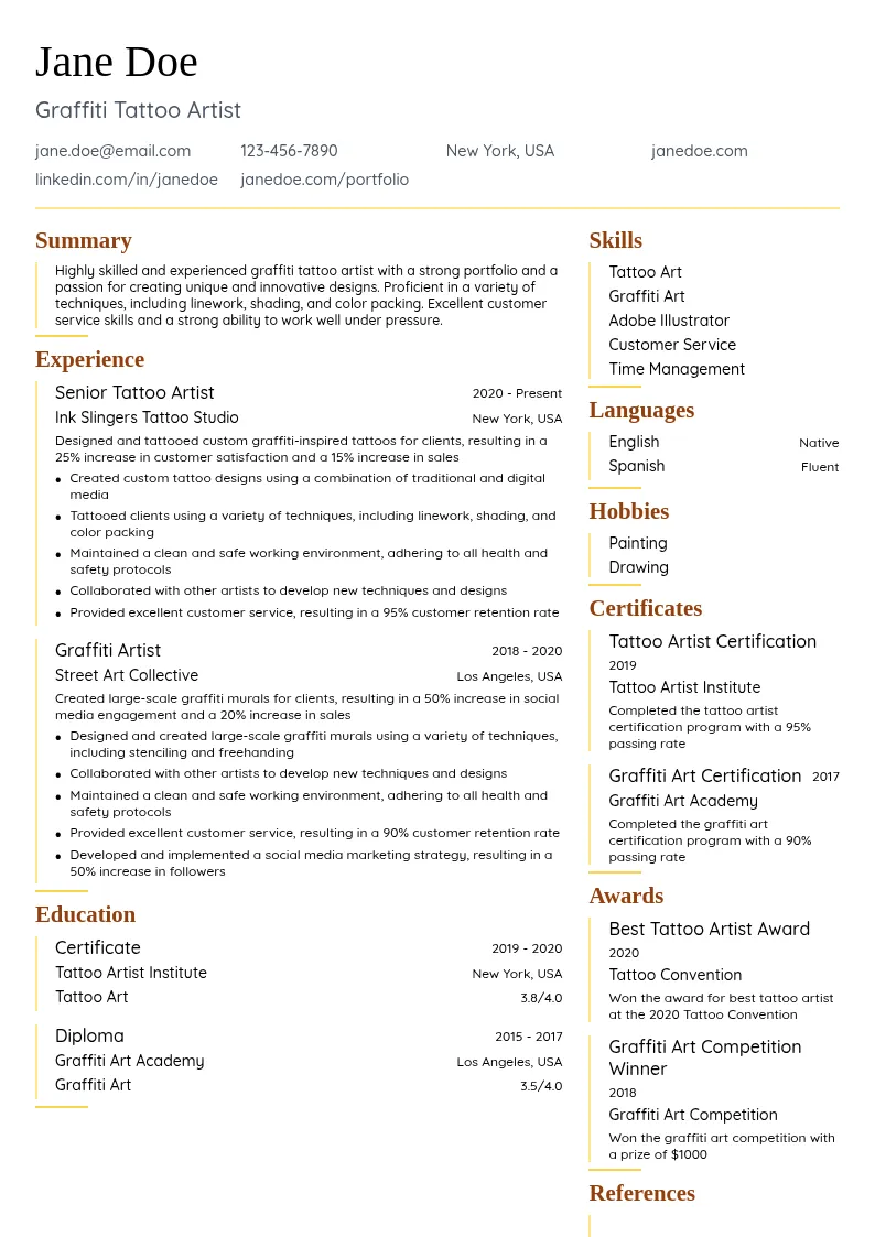 Graffiti Tattoo Artist resume example