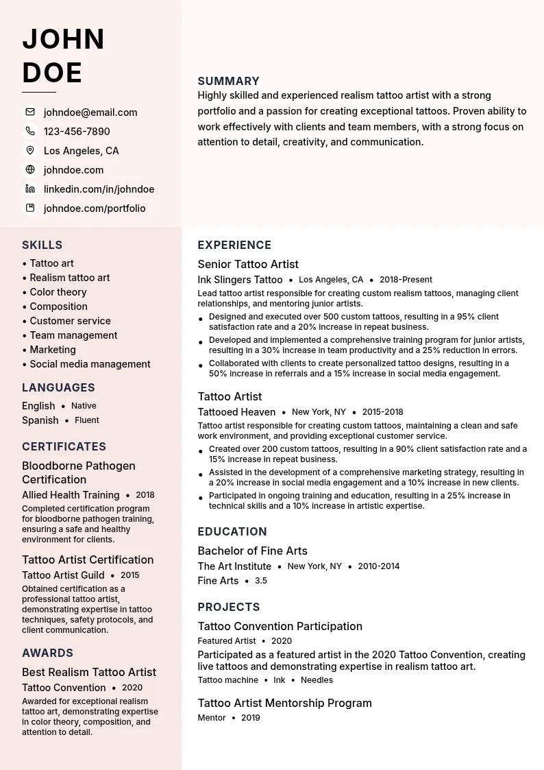 Realism Tattoo Artist resume example