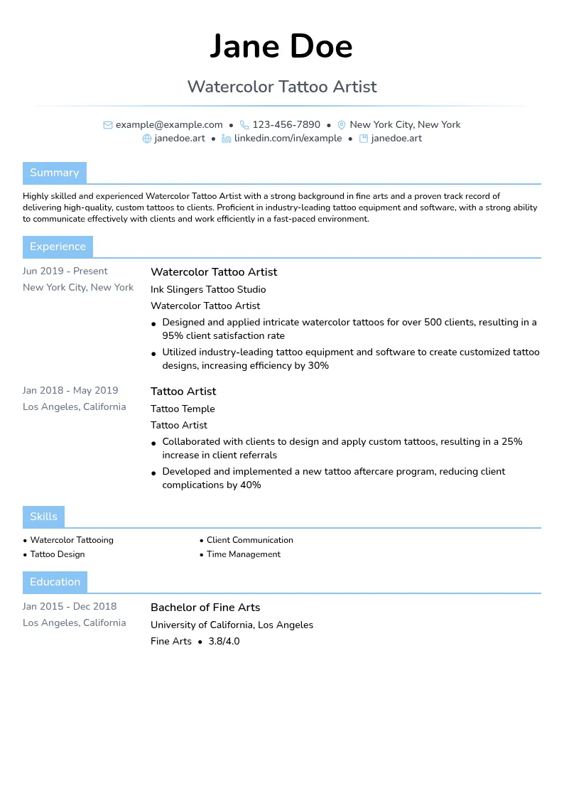 Watercolor Tattoo Artist resume example