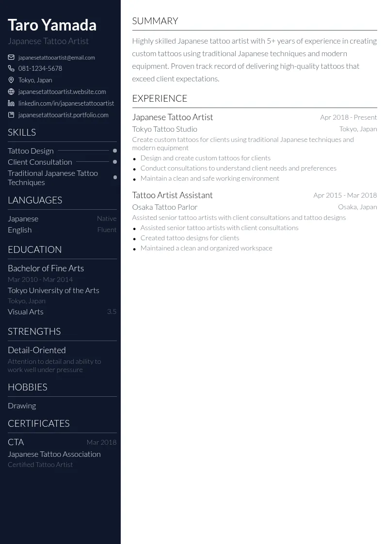 Japanese Tattoo Artist resume example