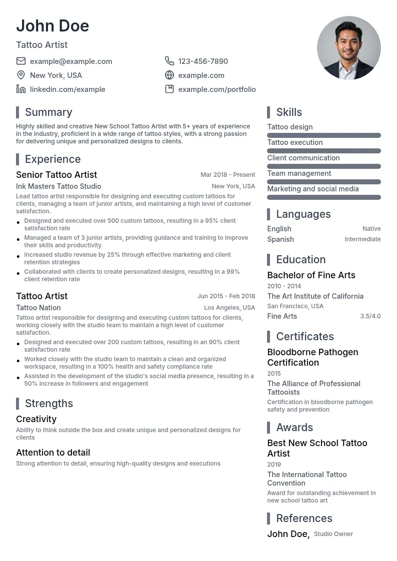 New School Tattoo Artist resume example