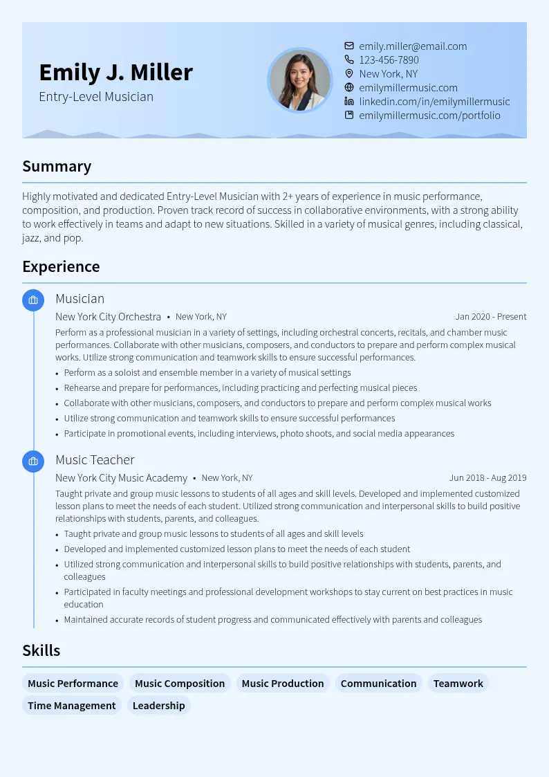 Entry-Level Musician resume example