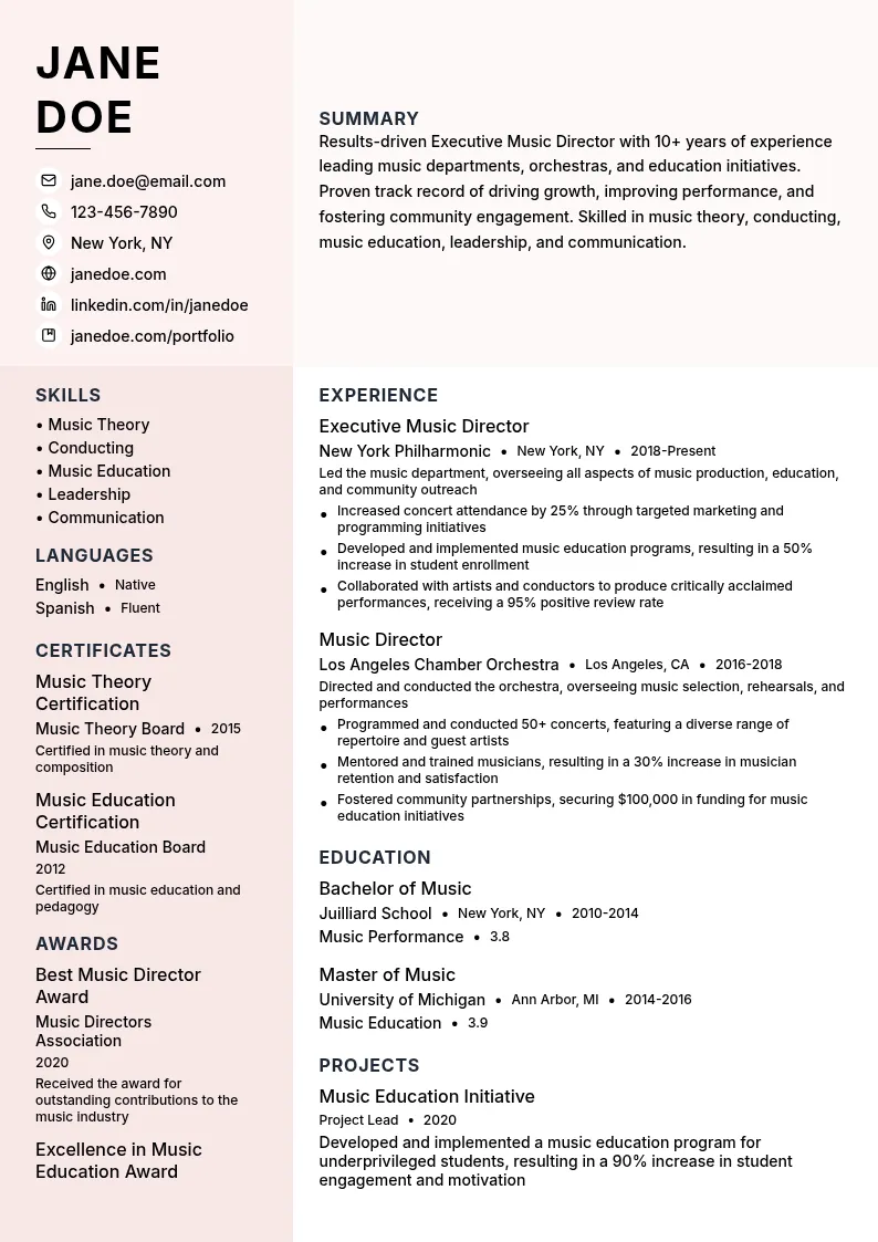Executive Music Director resume example