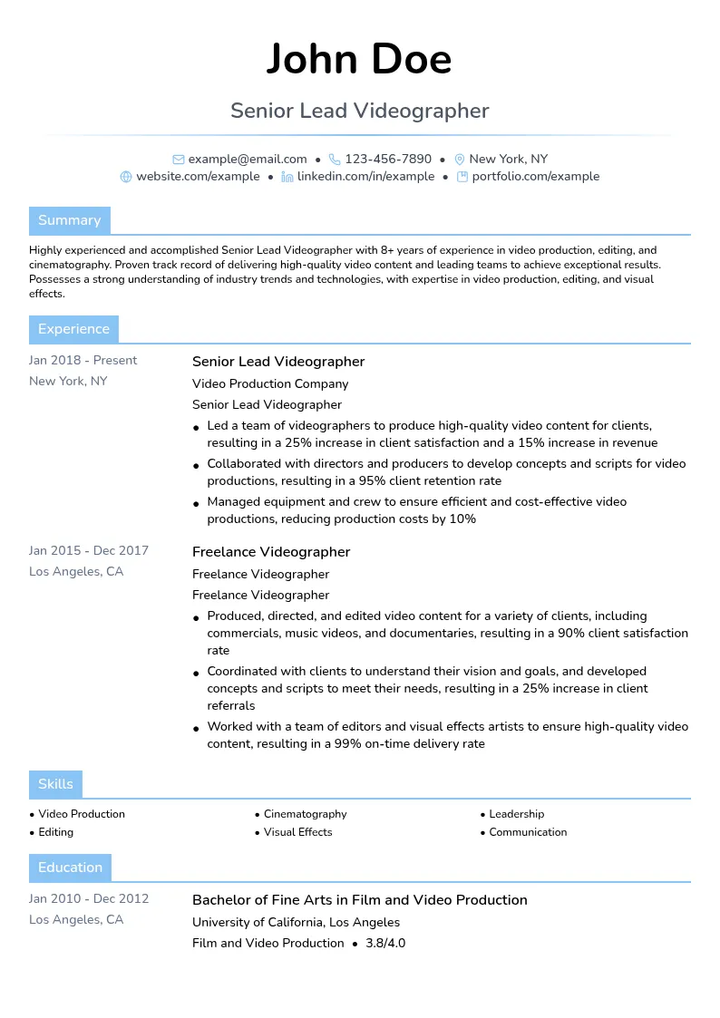 Senior Lead Videographer resume example