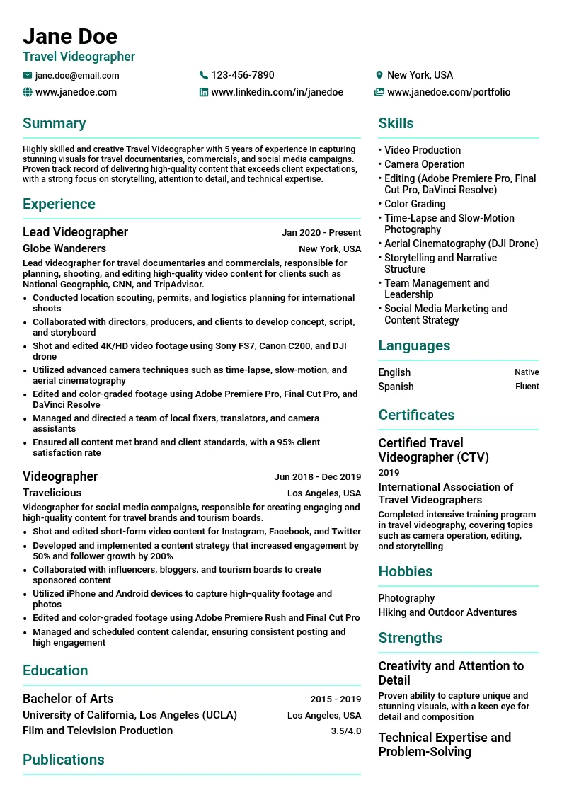 Travel Videographer resume example