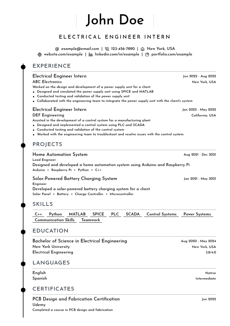 Electrical Engineer Intern resume example