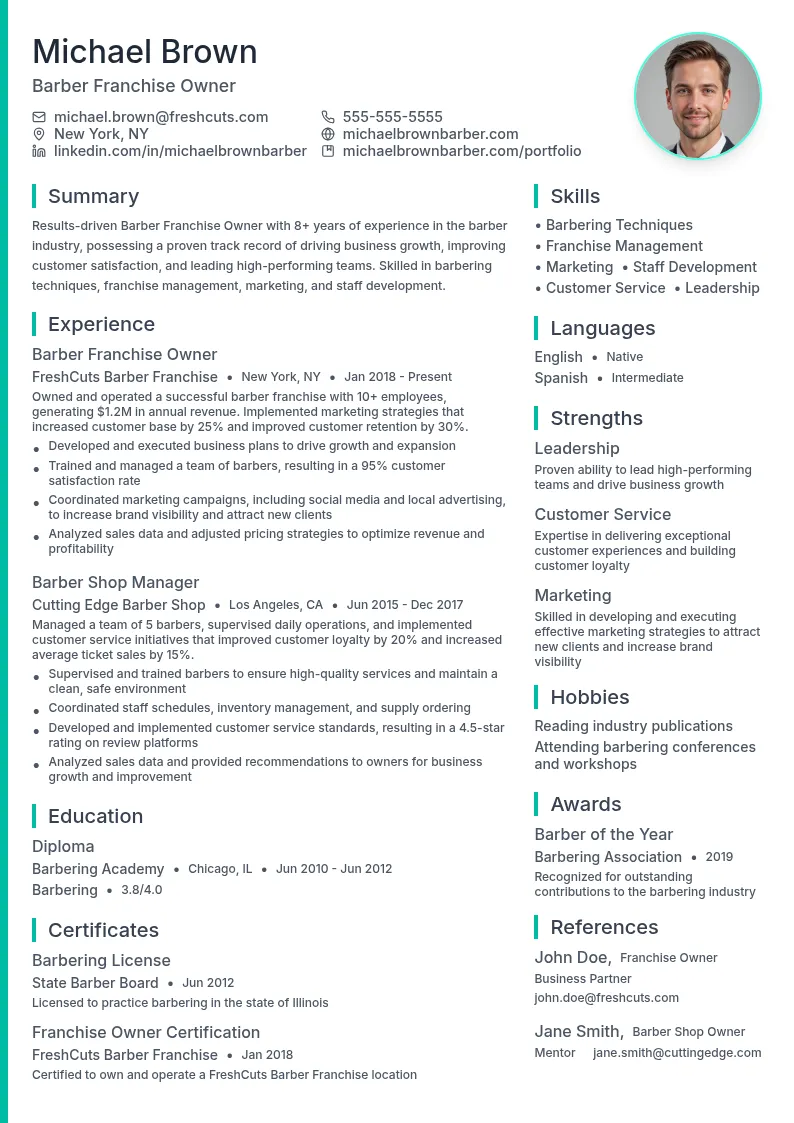 Barber Franchise Owner resume example