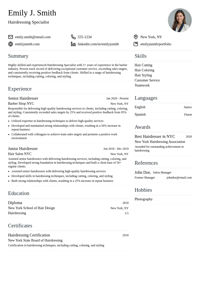 Hairdressing Specialist resume example
