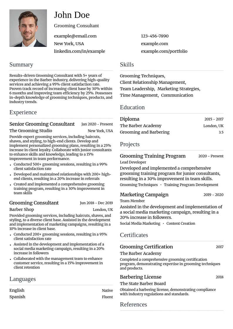Grooming Consultant resume example