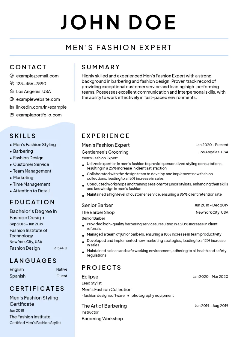 Men's Fashion Expert resume example