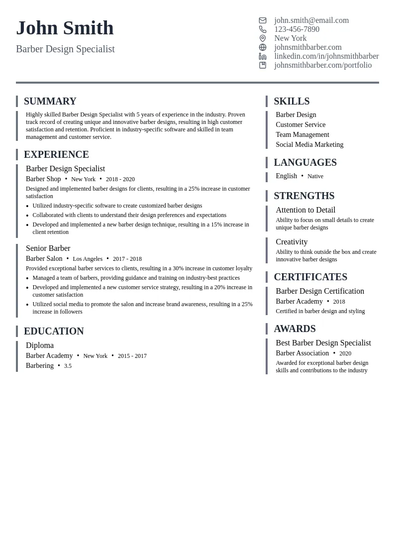 Barber Design Specialist resume example