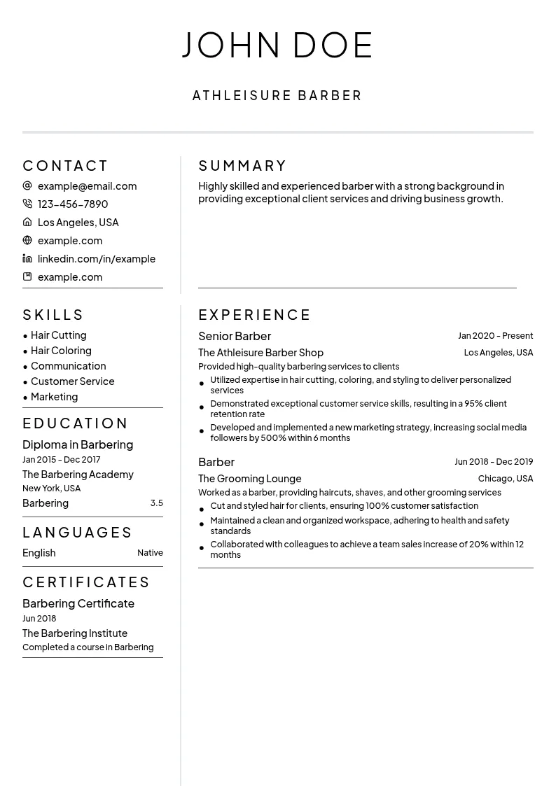 Athleisure Barber resume example