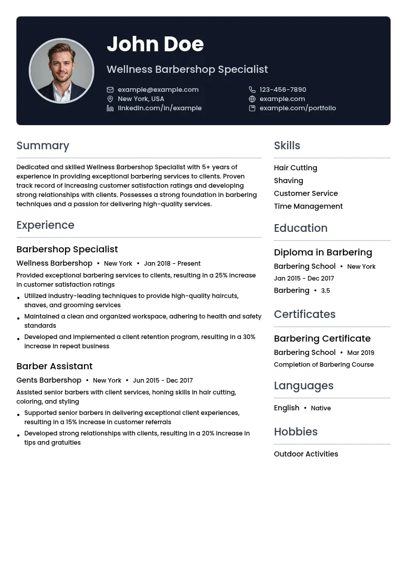 Wellness Barbershop Specialist resume example