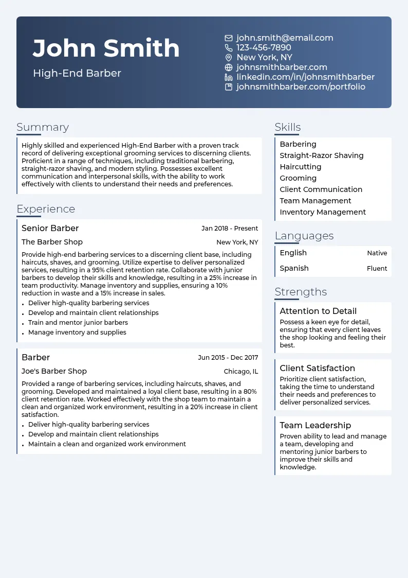 High-End Barber resume example