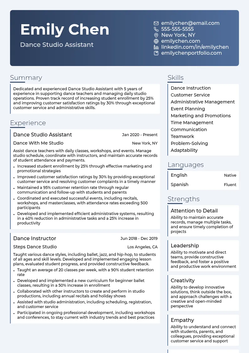 Dance Studio Assistant resume example
