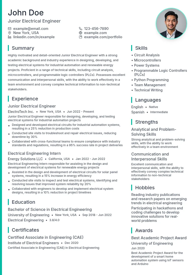 Junior Electrical Engineer resume example