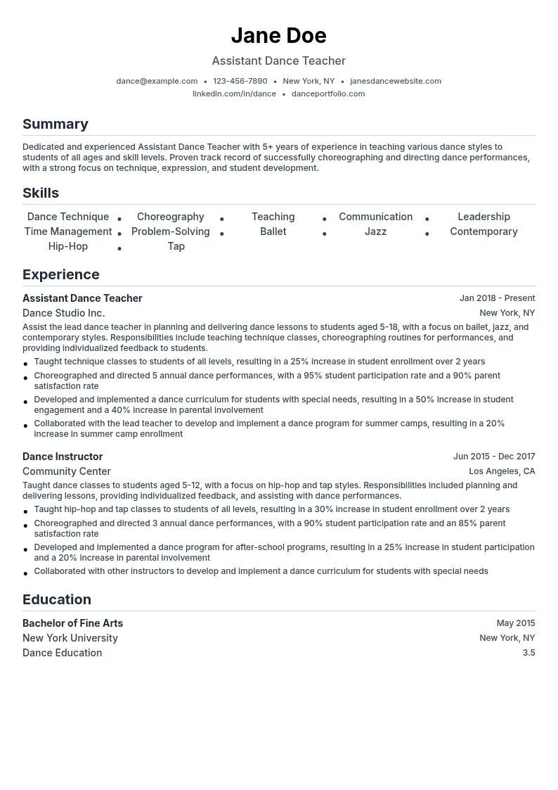 Assistant Dance Teacher resume example