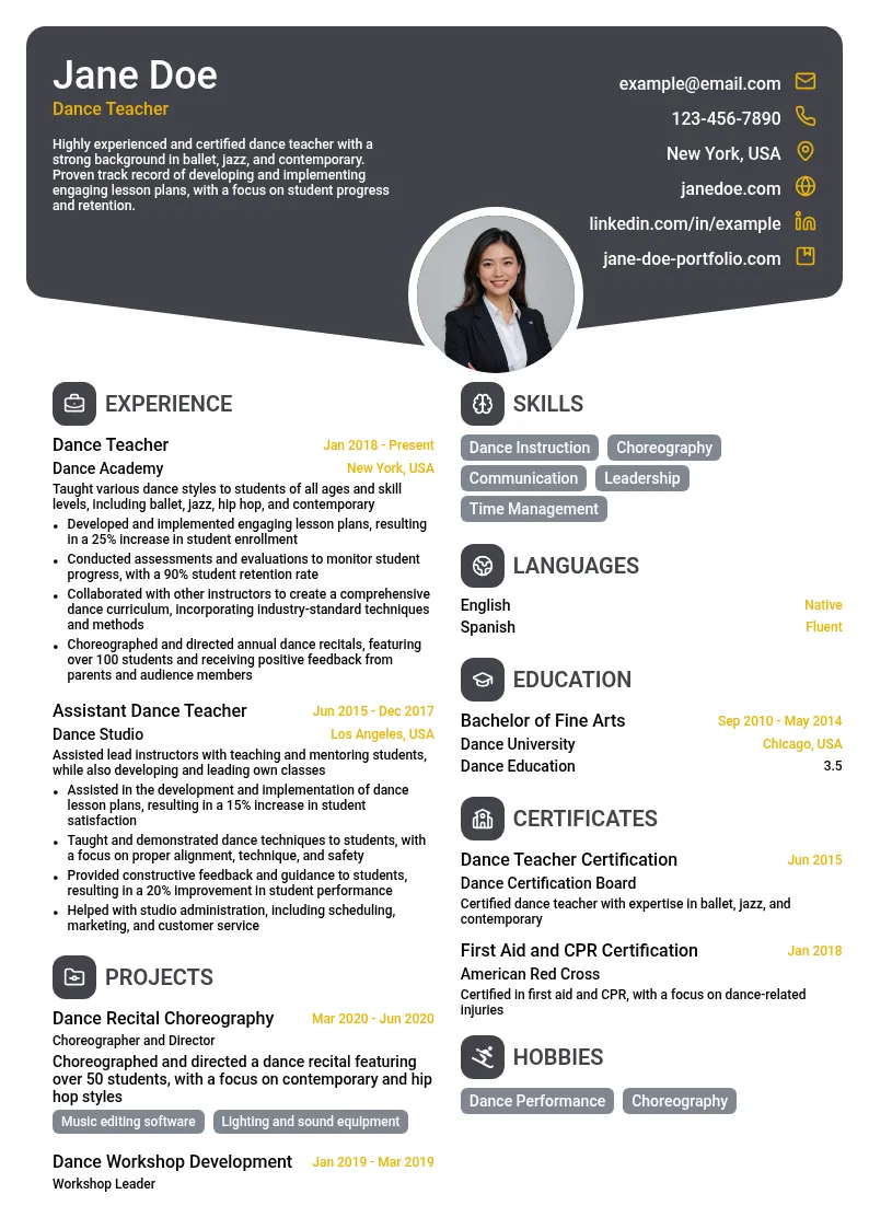 Dance Teacher resume example