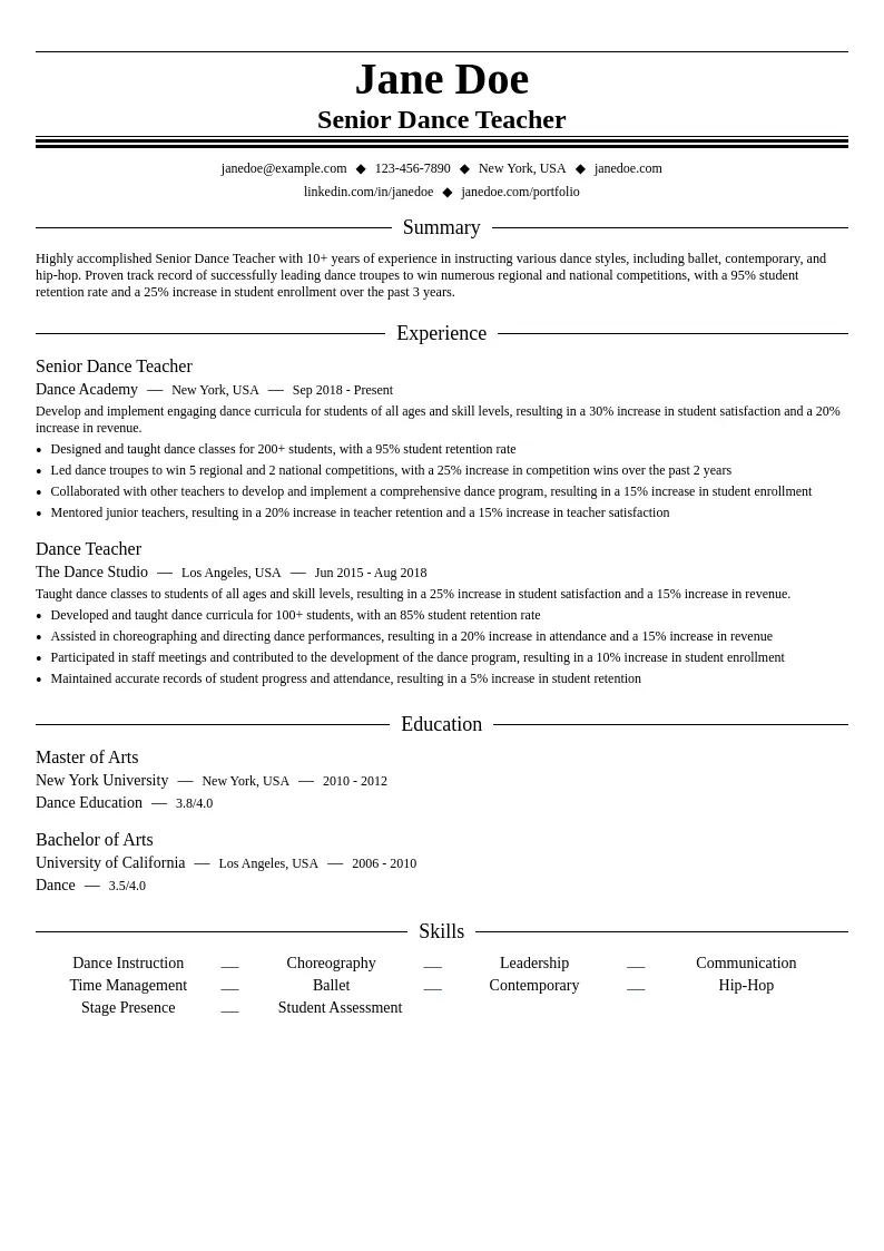 Senior Dance Teacher resume example