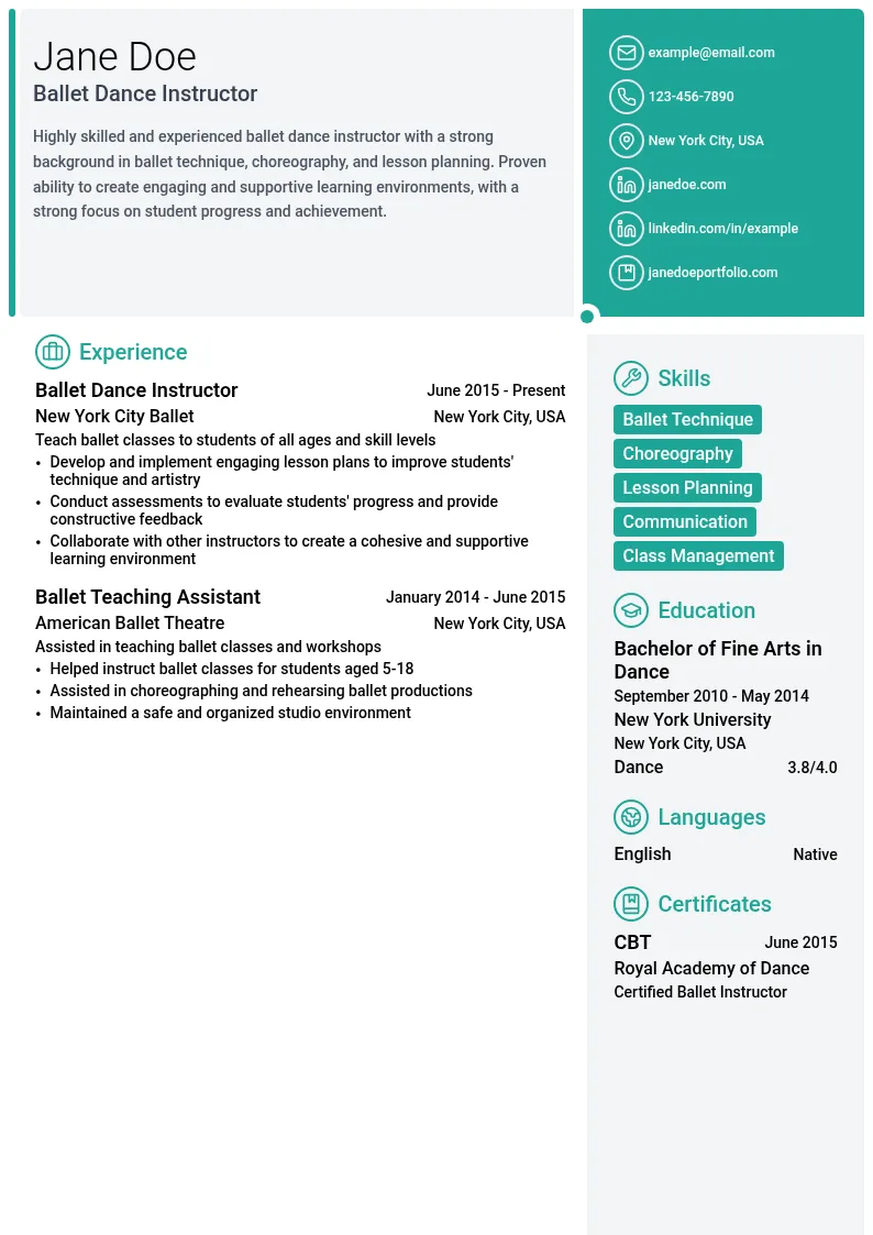 Ballet Dance Instructor resume example