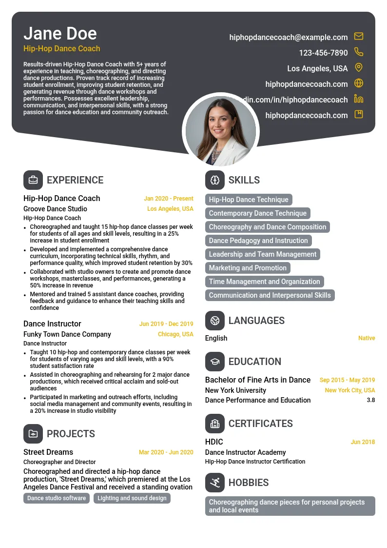 Hip-Hop Dance Coach resume example