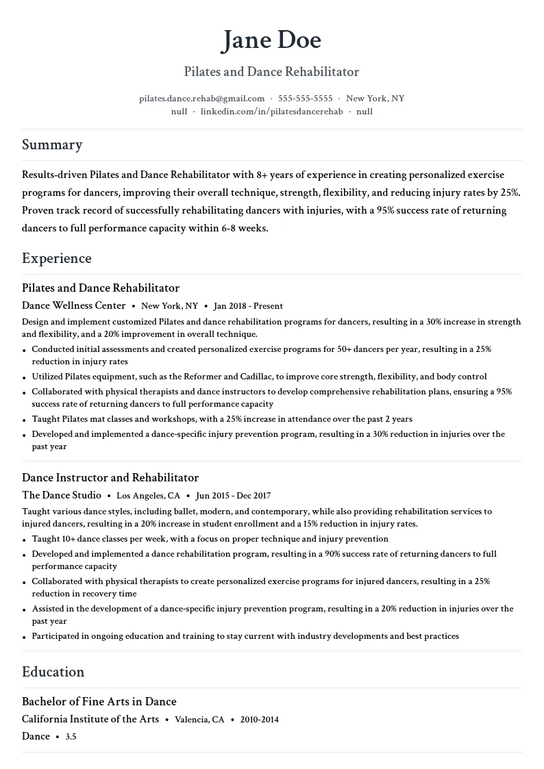 Pilates and Dance Rehabilitator resume example