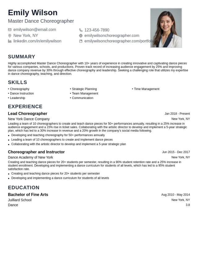Master Dance Choreographer resume example