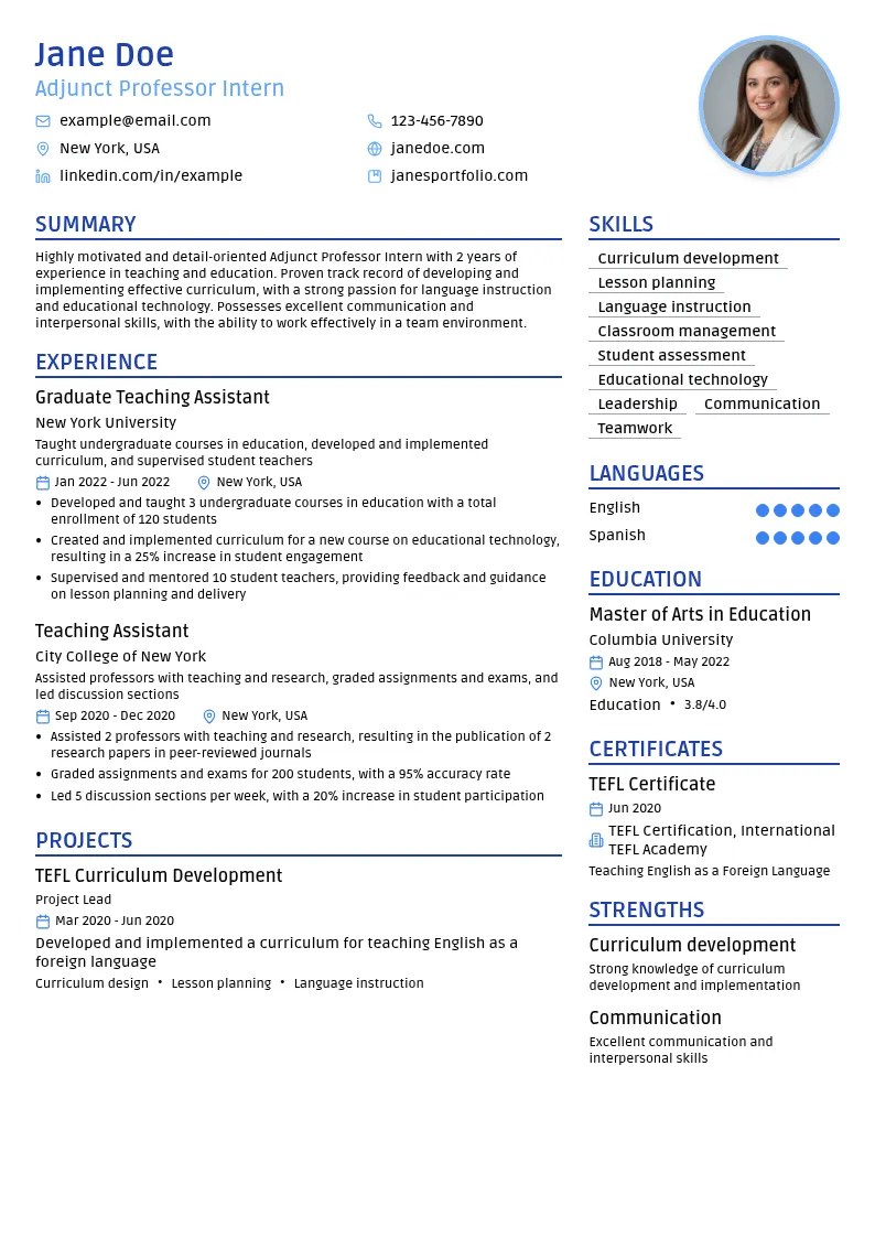 Adjunct Professor Intern resume example